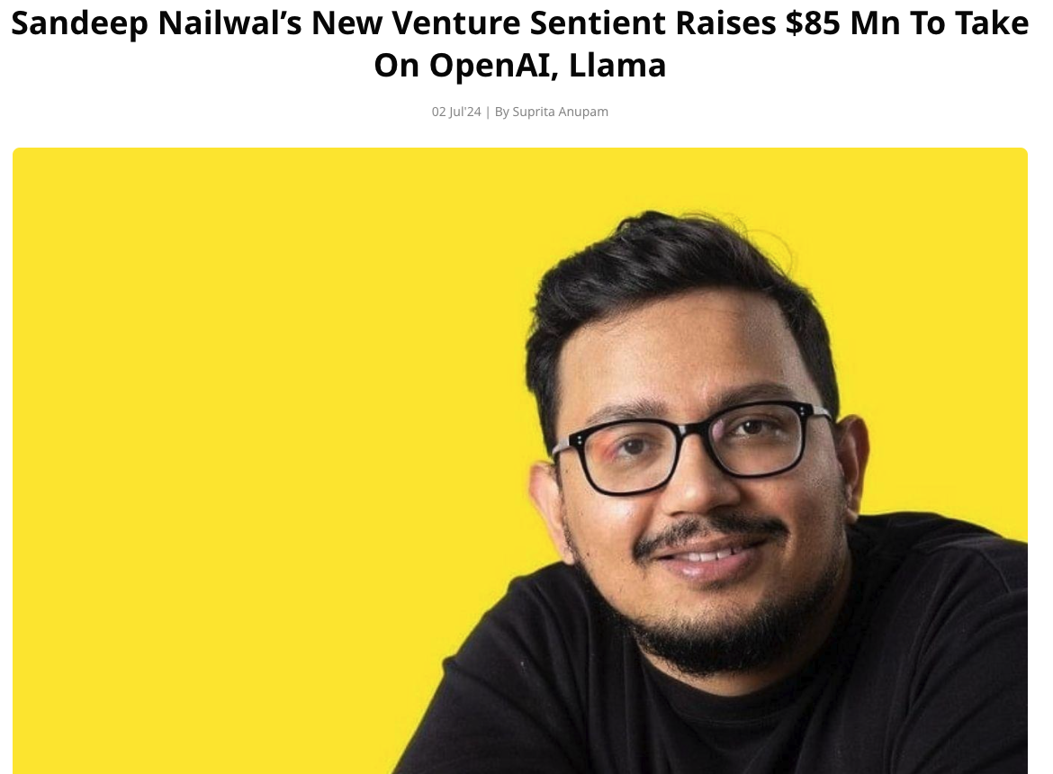 Sentient Labs raises $85Mn. Co-Founder is Sandeep Nailwal (Polugon Founder).  WTF? - Grapevine